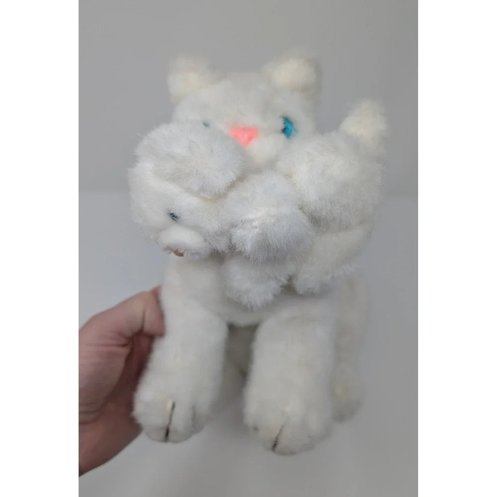 Vintage 1983 World Of Smile White‎ Cat Holding Kitten Mouth Plush Stuffed Animal